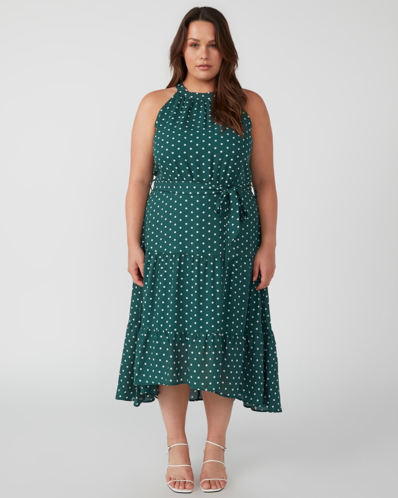 Front of a model wearing a size 24W La Bocca Halter Dress in Evergreen/Milk by Estelle. | dia_product_style_image_id:349737